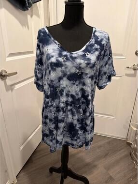 Blue Tie-Dye Star Embroidered Short Sleeve Dress